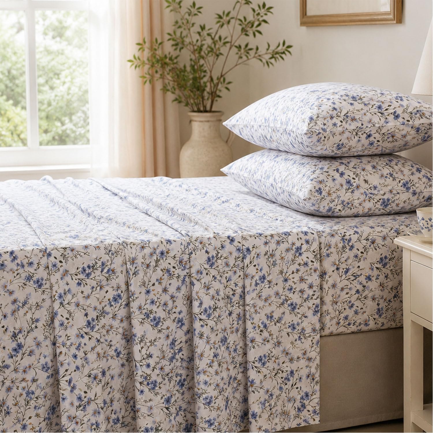 FADFAY 100% Cotton Percale Sheet Set Twin – Blue Meadow Floral Bedding, Vintage Wildflower Botanical Sheets, Soft Breathable Deep Pocket…