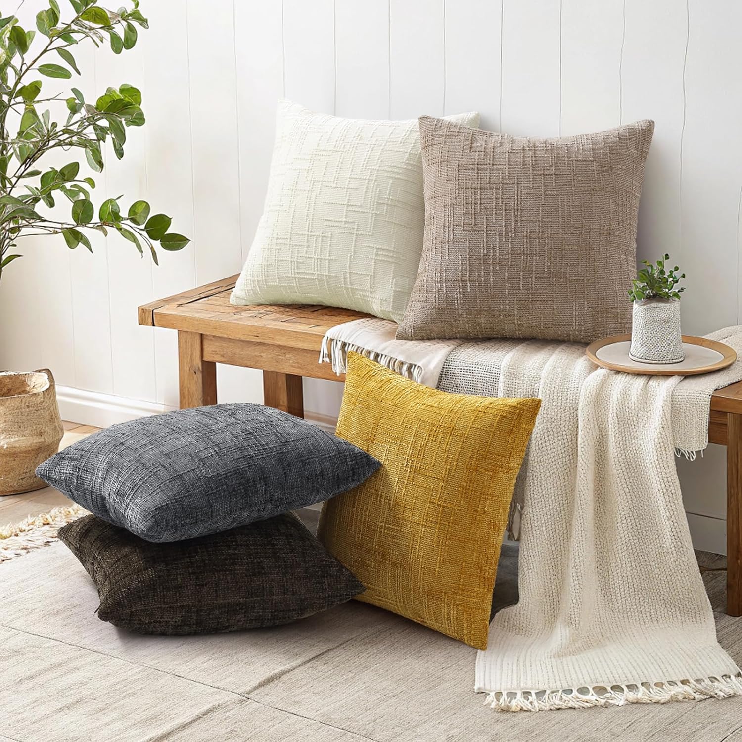 decorUhome Oatmeal Chenille Throw Pillow Covers 20x20 Set of 2 Textured Soft Cozy Slubby Couch Pillow Covers Modern Farmhouse Boho Decorati…