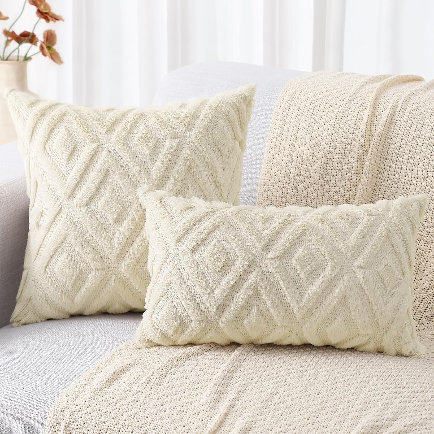 decorUhome Summer Couch Throw Pillow Covers 12x20 Set of 2, Decorative Soft Plush Faux Fur Wool Lumbar Accent Pillow Covers for Modern Farm…