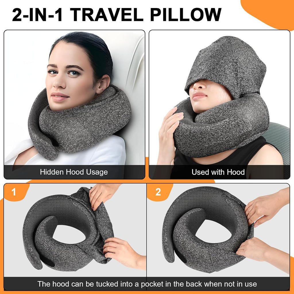 Vzpeun Travel Pillow - Hooded Neck Pillow Airplane Memory Foam Filling for Plane, Office, Cars Sleeping, Road Trip, Long Flights, Airplane…