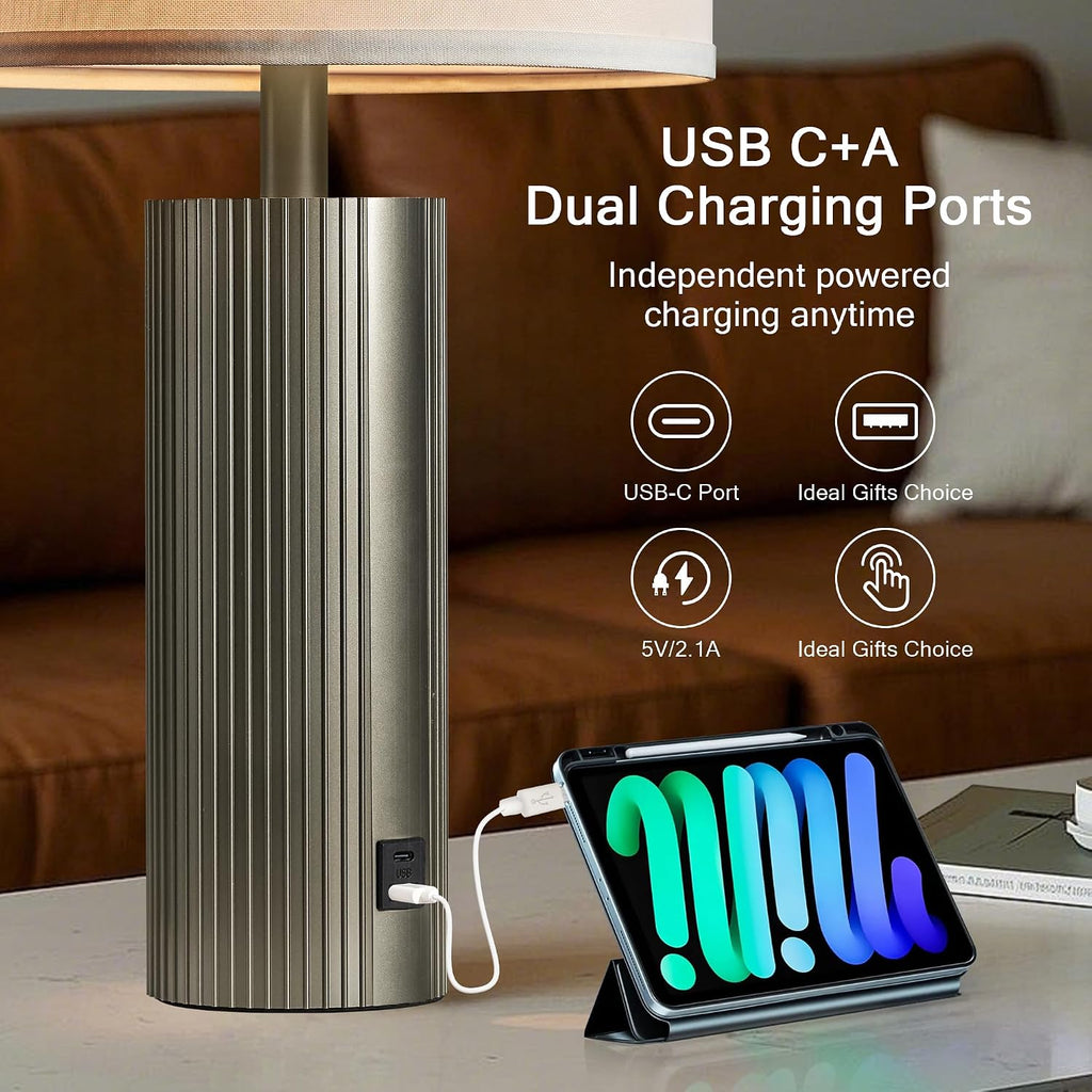 Table Lamps for Living Room Set of 2, 24.5" Modern Table Lamps for Bedroom with USB C+A Ports, Creative Stripe Touch Lamps for…