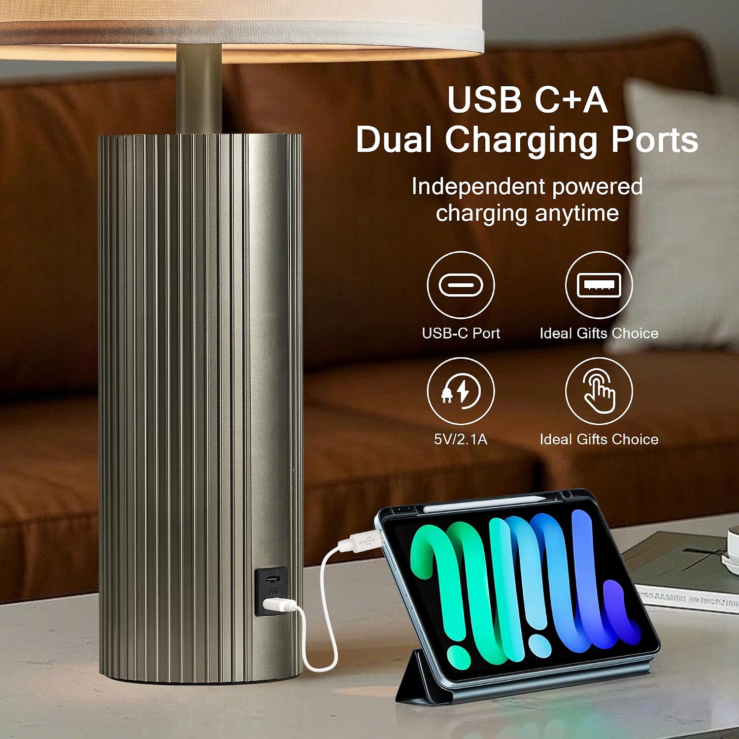 Table Lamps for Living Room Set of 2, 24.5" Modern Table Lamps for Bedroom with USB C+A Ports, Creative Stripe Touch Lamps for…