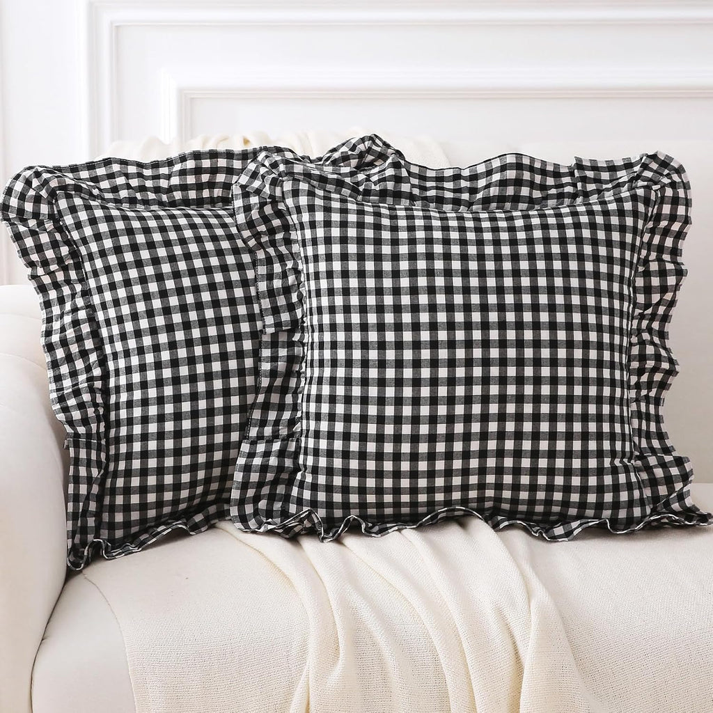 Kmasaniji 2 Pack Black White Plaid Ruffle Gingham Throw Pillow Covers, 100% Washed Cotton Buffalo Checkered Farmhouse Pillow Shams - 18''x1…