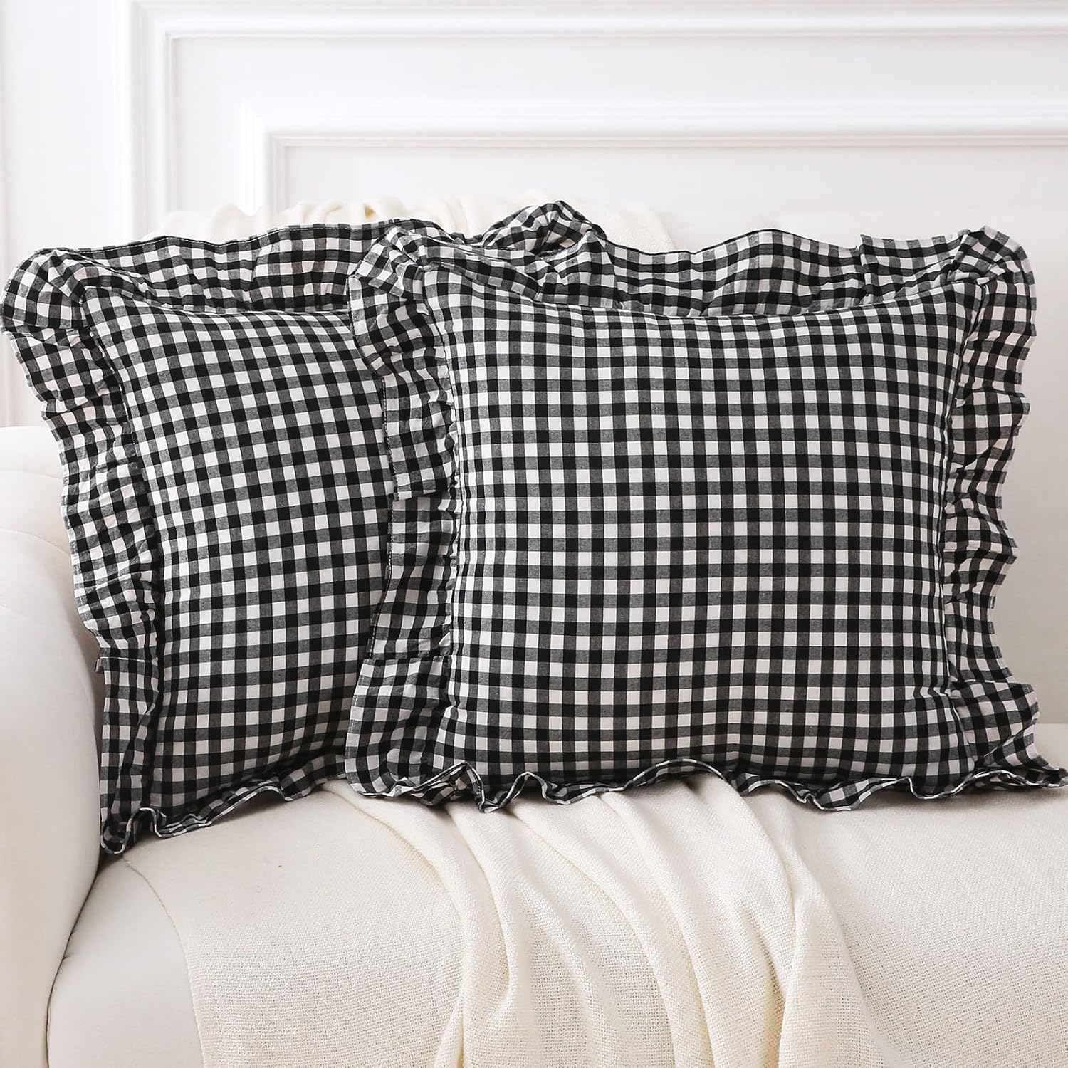 Kmasaniji 2 Pack Black White Plaid Ruffle Gingham Throw Pillow Covers, 100% Washed Cotton Buffalo Checkered Farmhouse Pillow Shams - 18''x1…