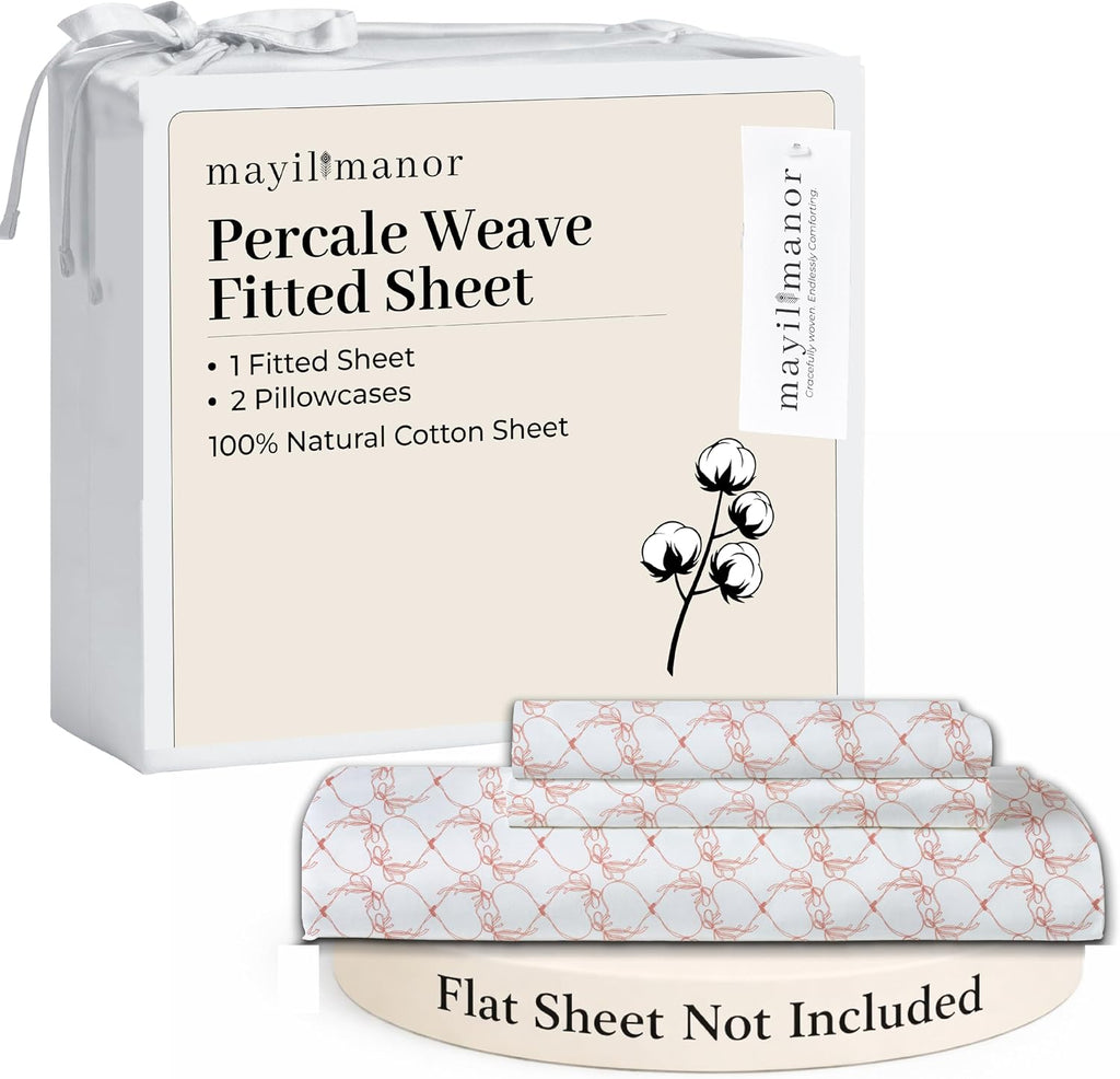 California King Fitted Sheet with 18" Deep Pockets, No Flat - Percale Weave Natural - Breathable 100% Cotton Printed Bedding, 1 Fitted…