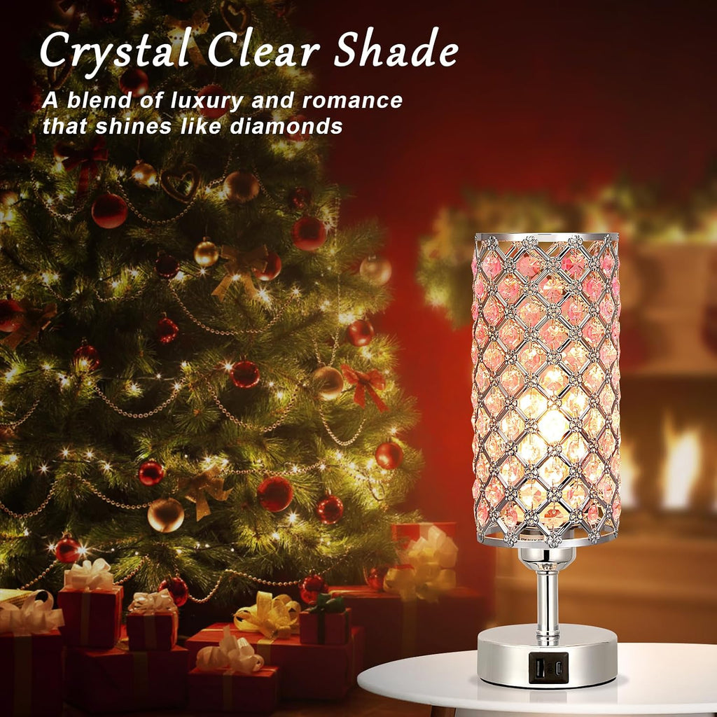 Hong-in Crystal Table Lamp, Pink Touch Lamp with USB C+A Ports, 3 Way Dimmable Bedroom Light with Crystal Shade, Bedside Nightstand Small…
