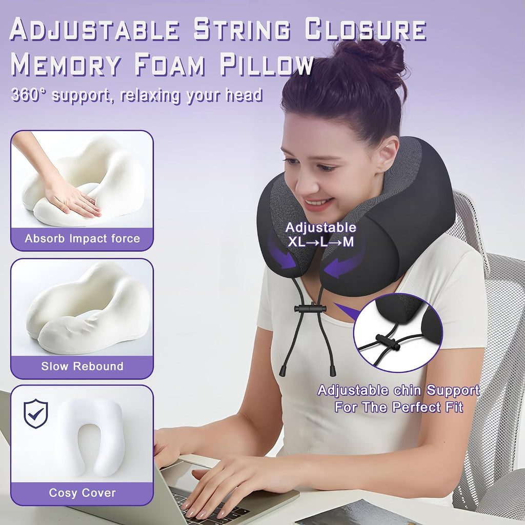 Neck Travel Pillow, Upgraded Memory Foam Pillow for Airplane, Machine Washable, Adjustable Flight Pillow, Suitable for Sleeping Airplane…