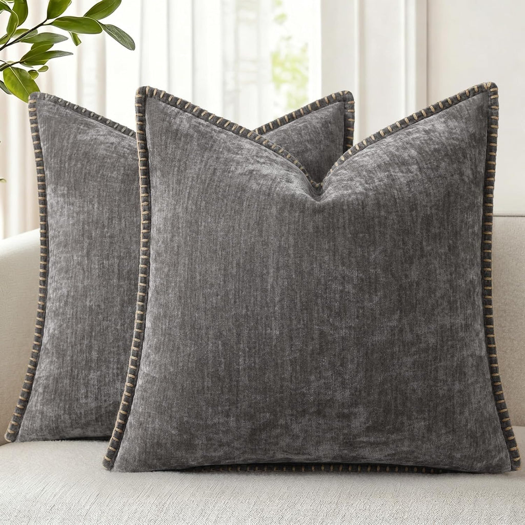 decorUhome Chenille Soft Throw Pillow Covers 24x24 Set of 2, Farmhouse Velvet Neutral Decorative Euro Sham Pillow Covers with Stitched Edge…