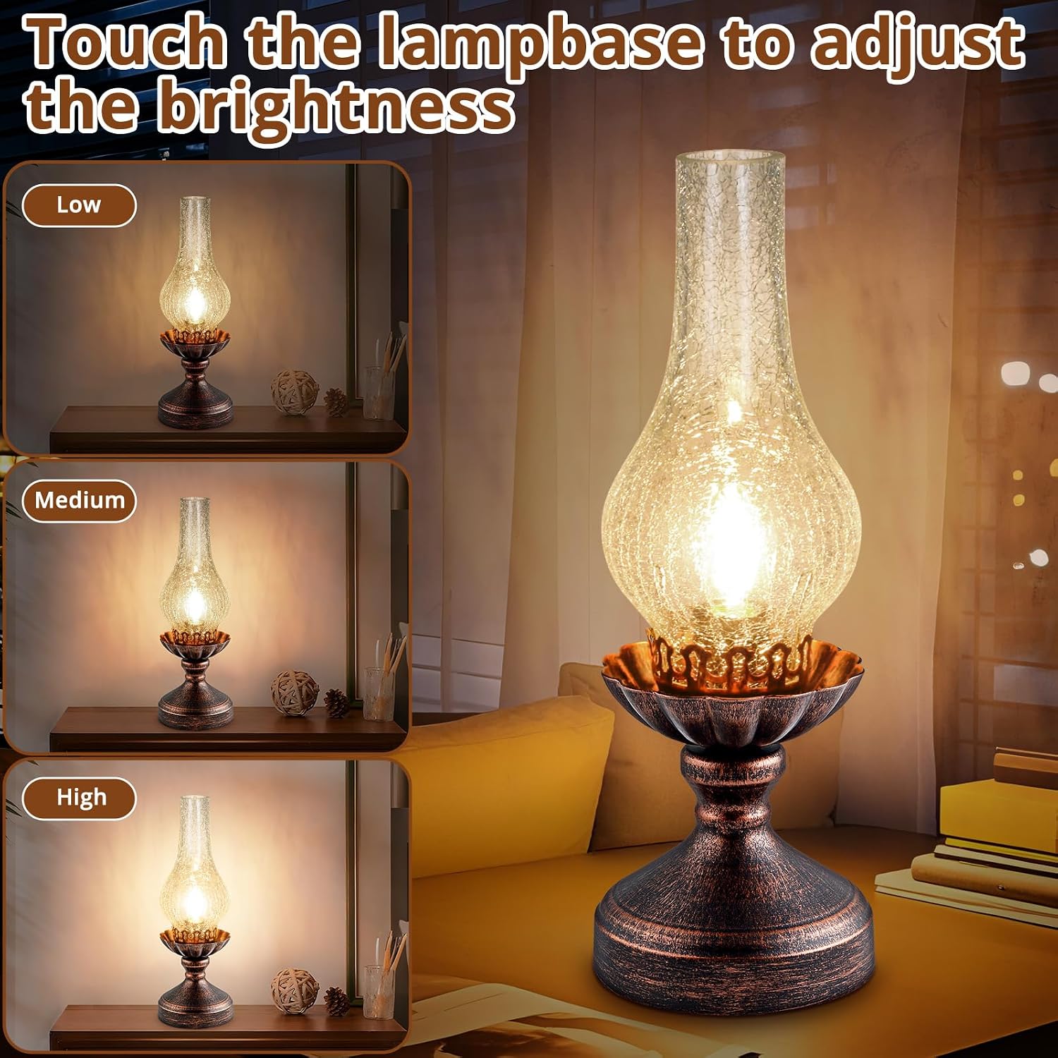 Vintage Table Lamp | Touch Control & 3-Way Dimmable Rustic Retro Farmhouse Bedside Lamp with Clear Glass Shade and LED Bulb for Bedroom…