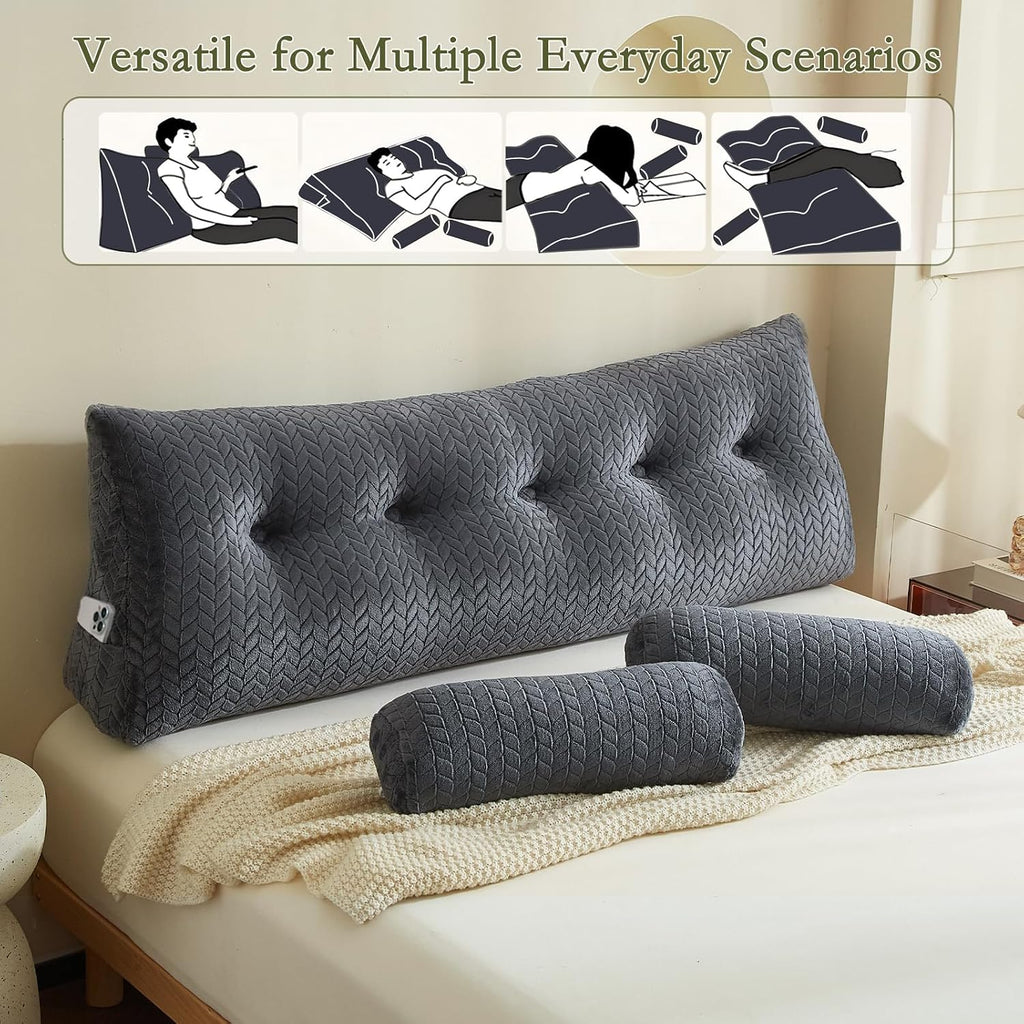 Yourmoon YOUR MOON Wedge Headboard Pillow King Size, Triangular Wedge Backrest Pillow with 1 Pack Neck Roll Pillows, Headboard Pillow for B…