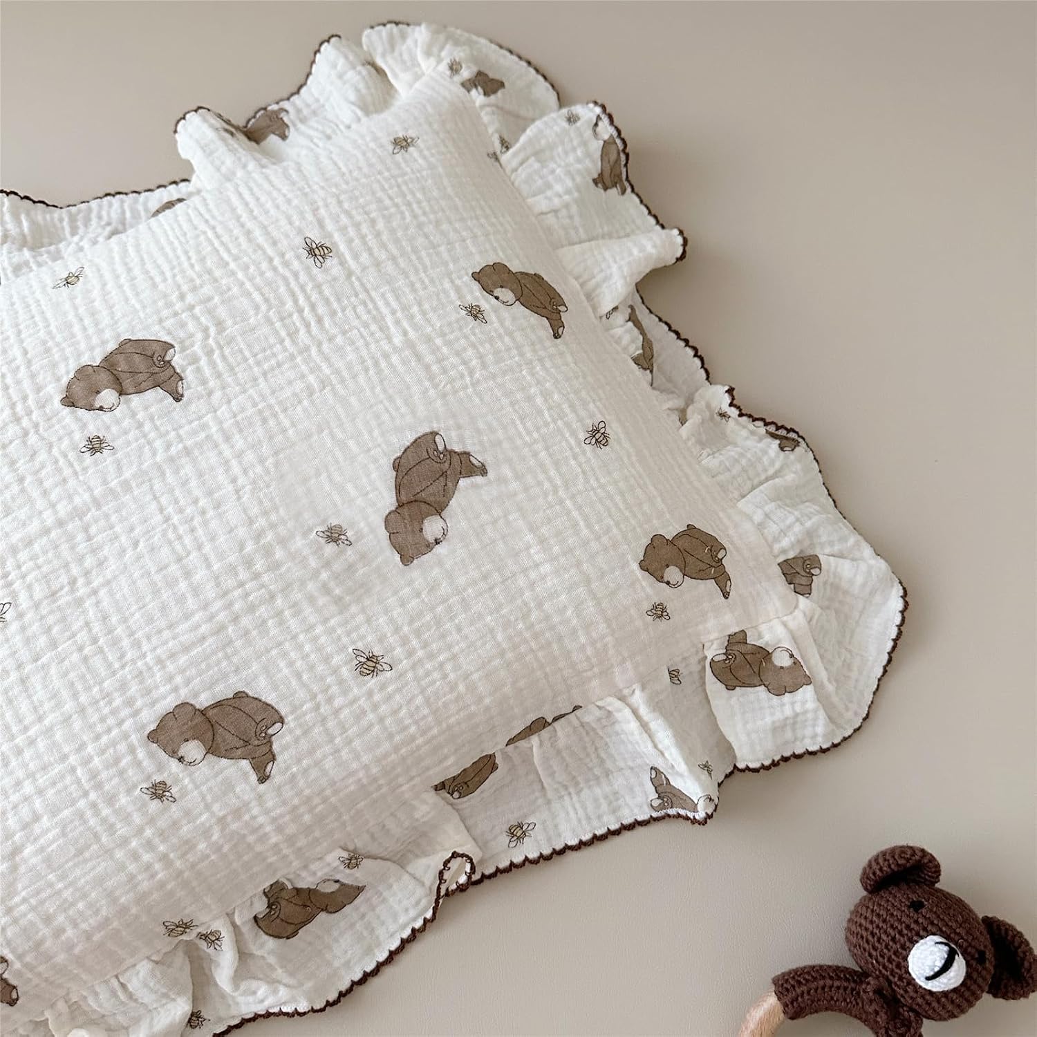 BuLuTu Cartoon Bear Muslin Pillowcase for Boys Girls Cute Animal Print Toddler Pillow Cases Soft Breathable Cotton Pillow Cover for Young…
