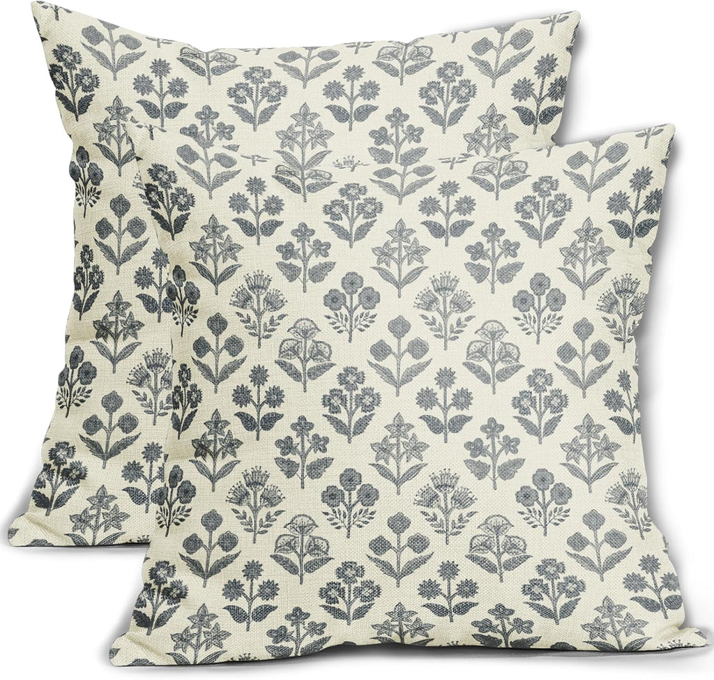 Dusty Blue Floral Pillow Covers 16x16 Inch Set of 2, Vintage Flower Block Print Pattern Decorative Throw Pillowcases Outdoor Farmhouse…