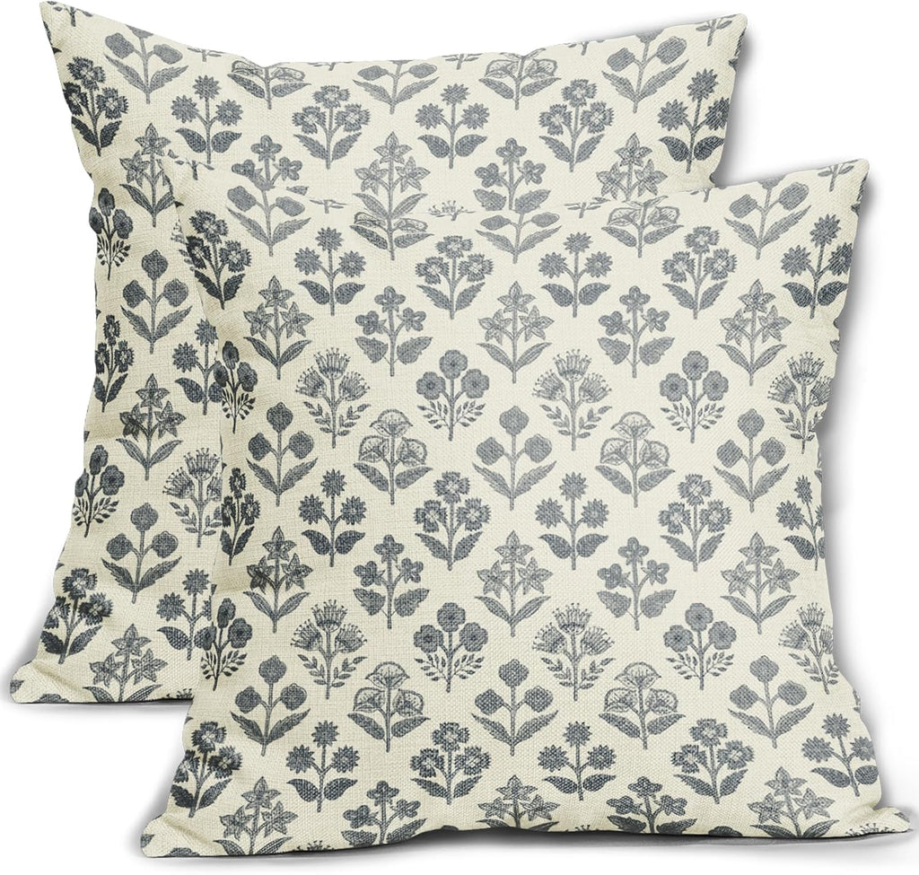 Dusty Blue Floral Pillow Covers 20x20 Inch Set of 2, Vintage Flower Block Print Pattern Decorative Throw Pillowcases Outdoor Farmhouse…