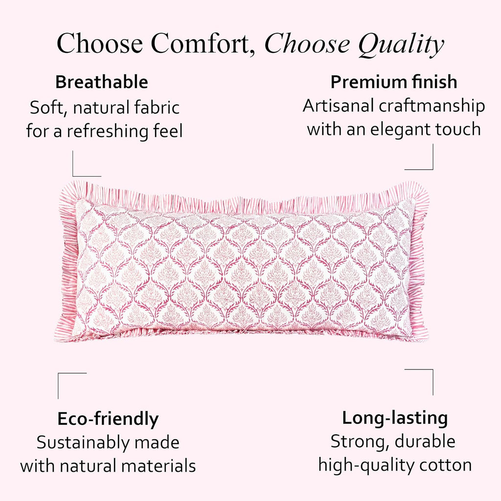 Cottonprintclub CPC Hand Block Print Blush Rose Ruffle Sham Pillow Cover 36" x 14" inch Hidden Zipper Decorative Pillowcase for Couch, Bed,…
