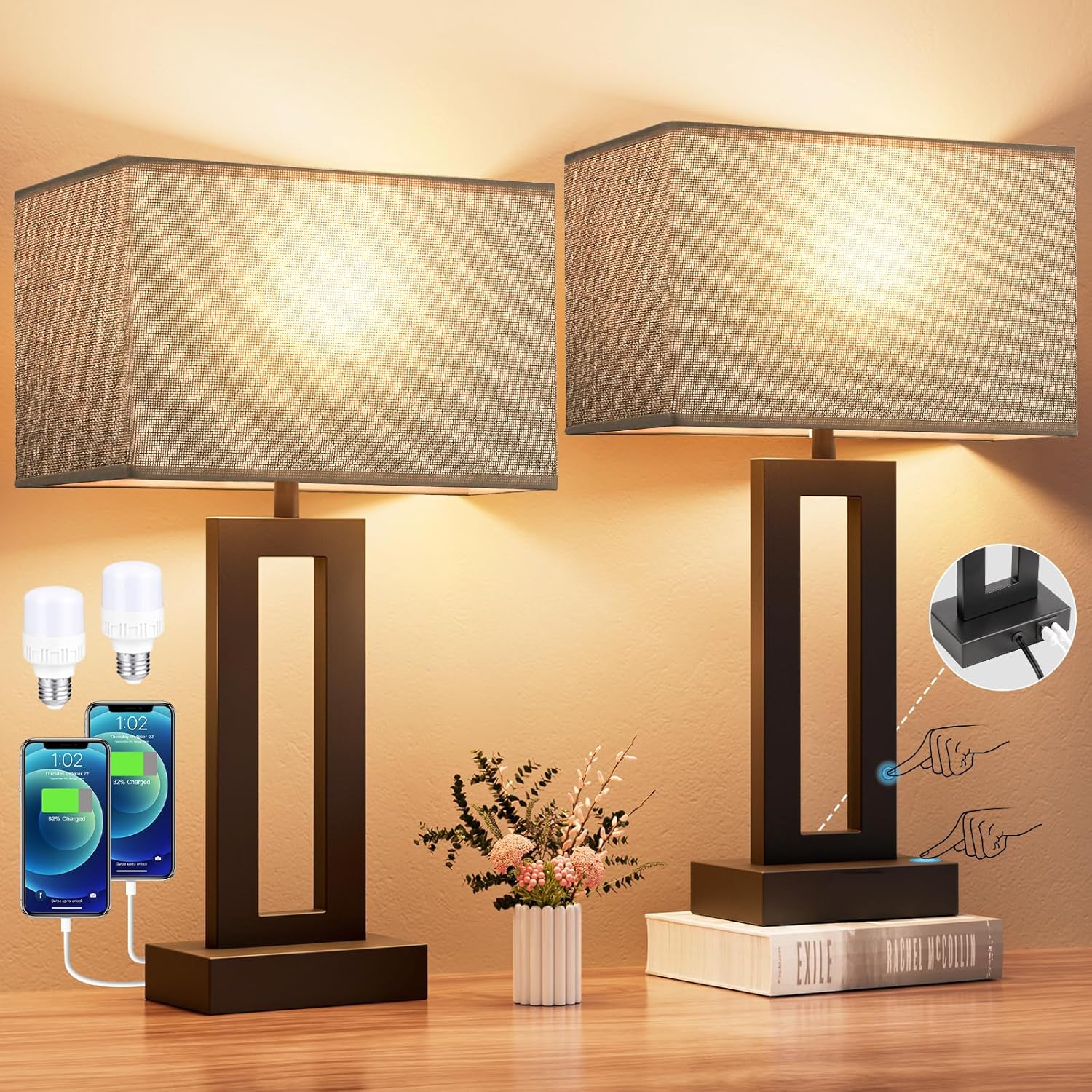 Seealle Nightstand Table Lamps for Bedrooms Set of 2 - Touch Bedside Lamp with USB C+A, 3 Way Dimmable Living Room End Tables 2, Modern…