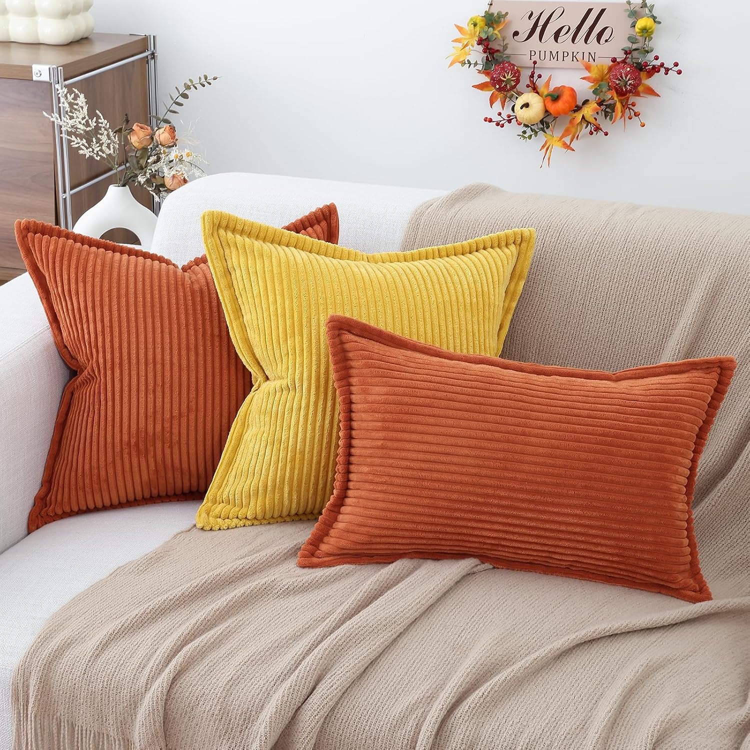 Mecatny Corduroy Summer Throw Pillow Covers 24x24 Set of 2, Neutral Decorative Soft Burnt Orange Boho Couch Pillow Covers with Broadside…