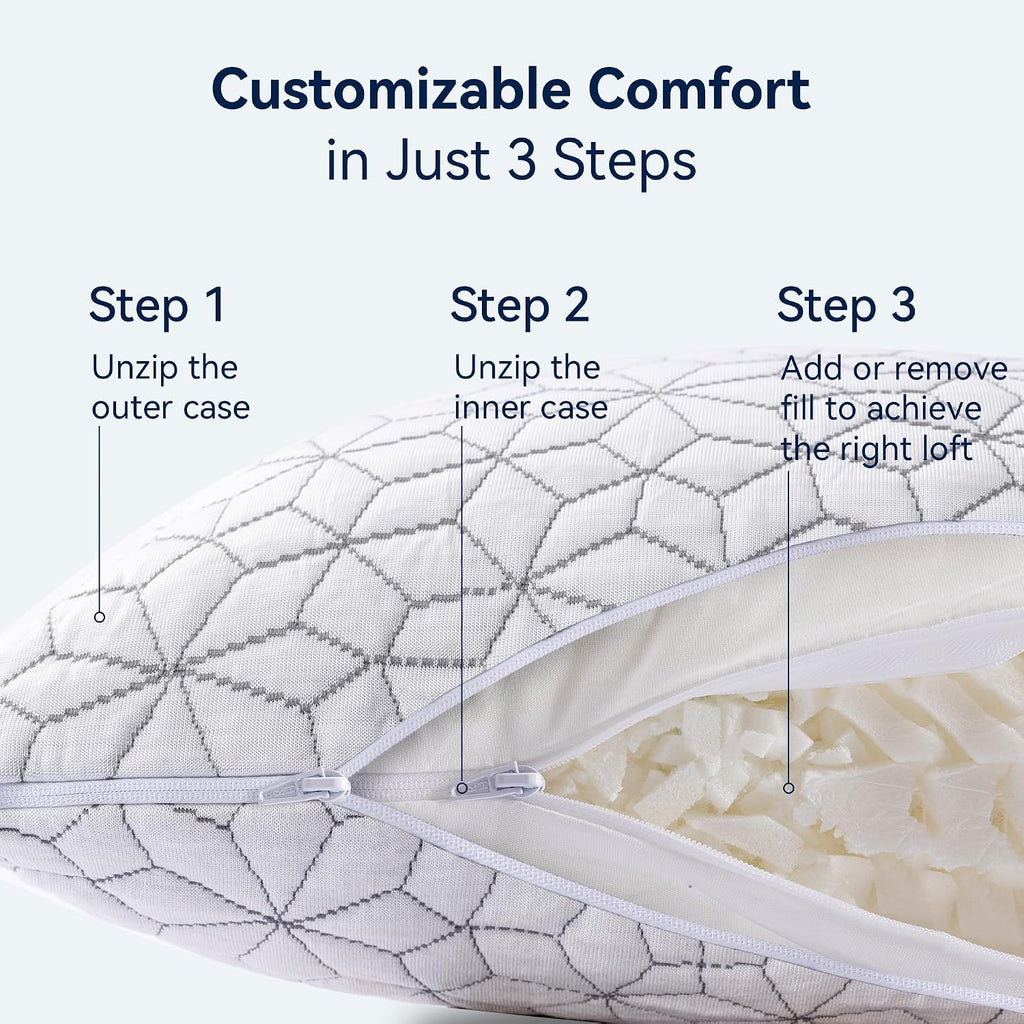Amicliber Cooling Shredded Memory Foam Pillows for Sleeping 2 Pack, Adjustable Bed Pillow for Side Back Stomach Sleepers Luxury Gel Pillows…