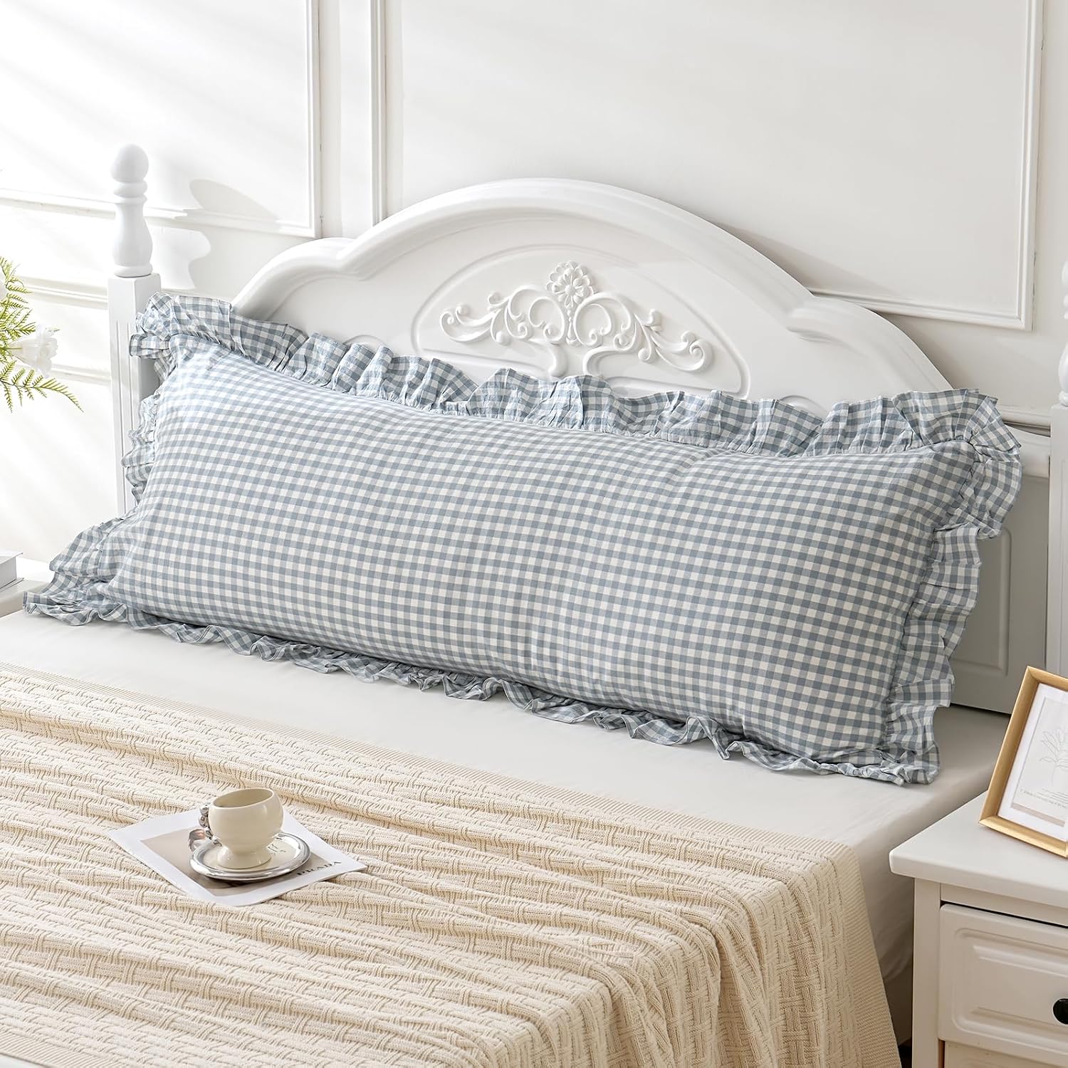 Qilunn Blue White Plaid Ruffled Body Pillow Sham Washed Cotton Shabby Checkered Gingham Pillow Cover 20"x54" Cotton Blue
