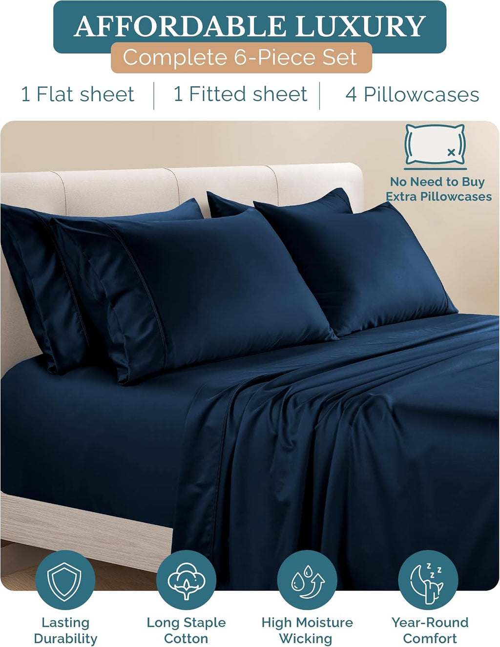 Casa Platino 100% Cotton Cal King Size Sheets, 6 Piece Bed Set with 500 Thread Count Silky Smooth Sateen, 15 Inch Deep Pocket Fitted…