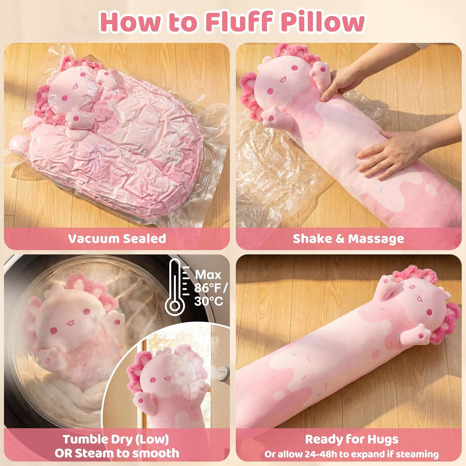 Mewaii Long Axolotl Plush 5 Sizes, 120% Extra Filling Giant Plushness Kids Body Pillow, Kawaii Cute Pink Axolotl Stuffed Animals…
