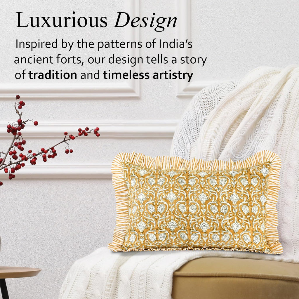 Cottonprintclub CPC Hand Block Print Mustard Regal Ruffle Sham Pillow Cover 20" x 12" inch Hidden Zipper Decorative Pillowcase for Couch, B…