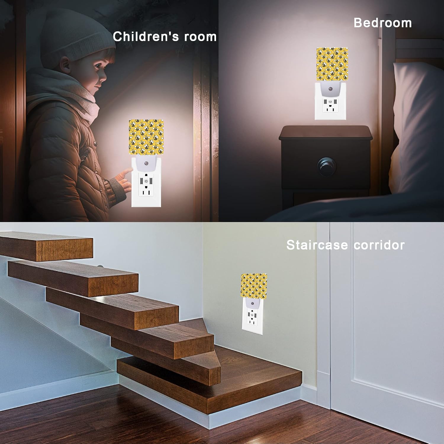 Bee Night Light, Cute Cartoon Bees Plug-in Night Lights with Dusk-to-Dawn Sensor for Bedroom, Bathroom and Living Room Sleep Friendly lamp…