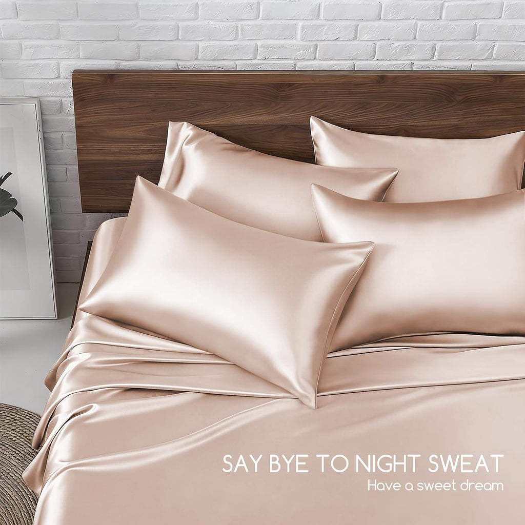 MR&HM Satin Bed Sheets, Queen Size Sheets Set, 6 Pcs Silky Bedding Set with 15 Inches Deep Pocket for Mattress(Queen, Taupe) 6 Pcs 15…