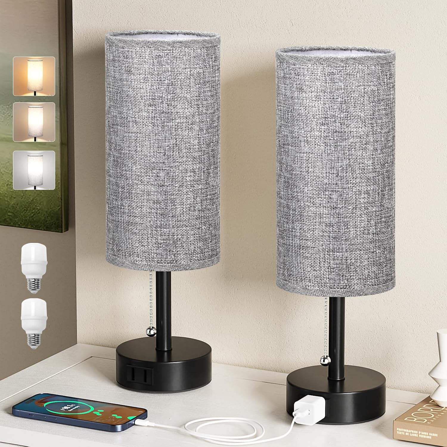 Fenmzee Grey Bedside Table Lamps Set of 2-3 Color Temperatures Pull Chain Lamp with AC Outlet Charging Port, Round Night Stand Lamps for…