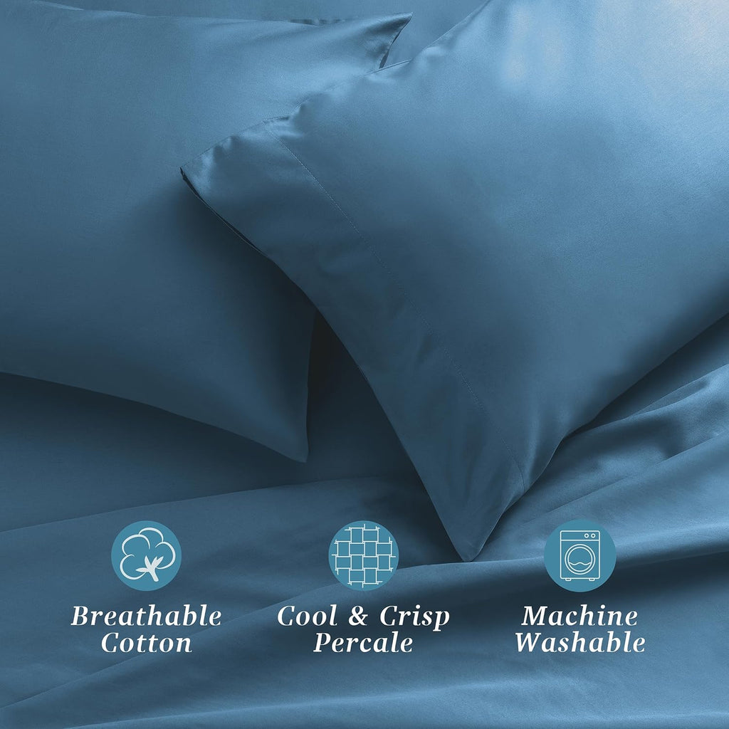 WelhomeByWelspun Welhome 100% Cotton Percale 4-Piece Queen Size Solid Bed Sheets Set, 1 Fitted, 1 Flat Sheet with 2 Pillowcases, Blue Cotto…
