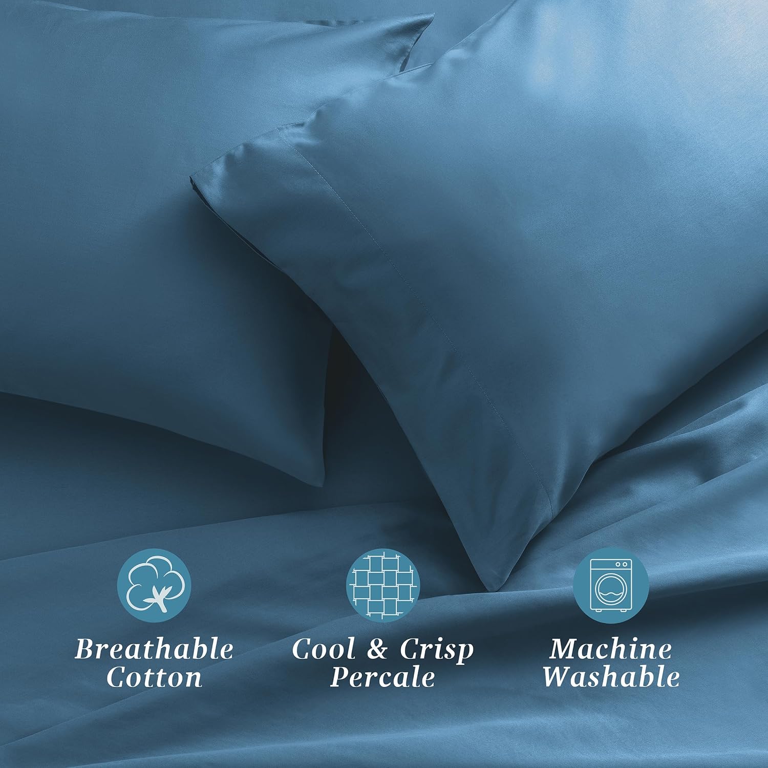 WelhomeByWelspun Welhome 100% Cotton Percale 4-Piece Queen Size Solid Bed Sheets Set, 1 Fitted, 1 Flat Sheet with 2 Pillowcases, Blue Cotto…