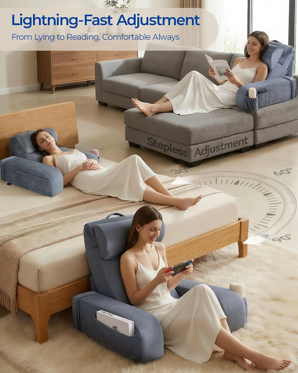 Reading Pillow with 30-90° Stepless Adjustable Angle & Height, 2 in 1 Back Wedge Pillow for Bed Sitting up with Detachable Arms Rest…
