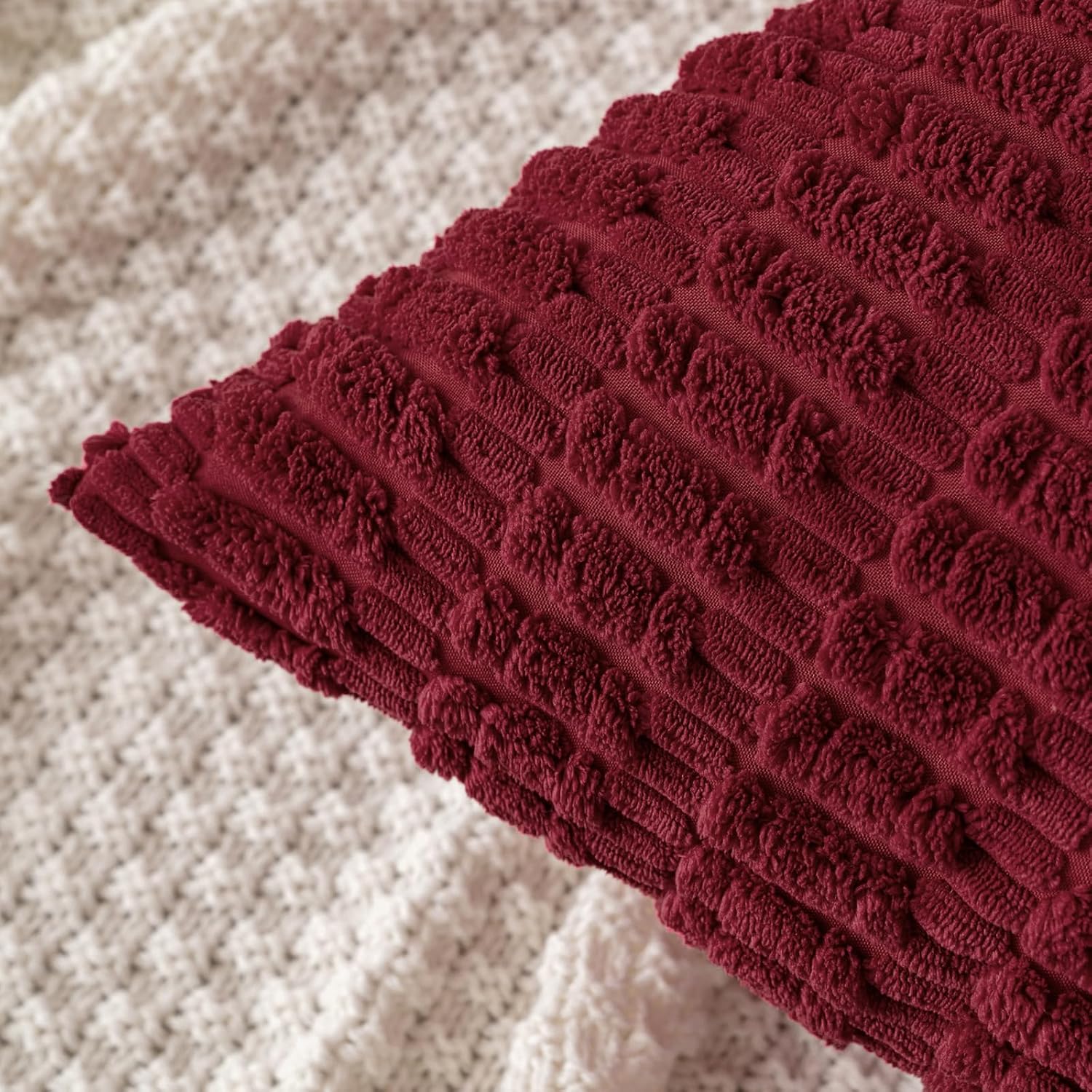 Miulee Pack of 2 Burgundy Corduroy Decorative Pillow Covers 18x18 Inch Soft Boho Striped Throw Pillow Covers Modern Farmhouse Home Decor fo…