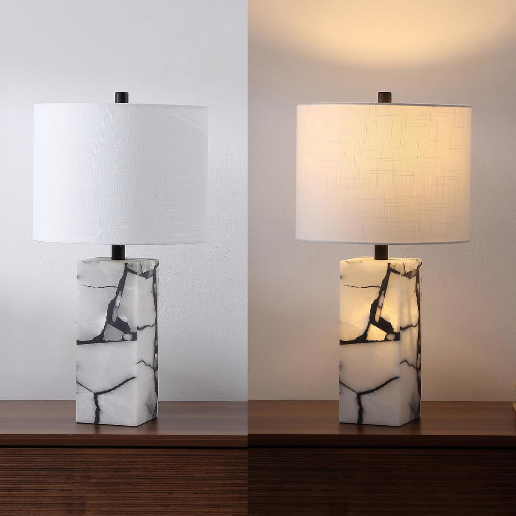 Jonathany JONATHAN Y 24.25" Black/White Modern Alabaster LED Table Lamp for Home Decor, White Linen Shade, Coastal Nightstand Lamp with Bui…