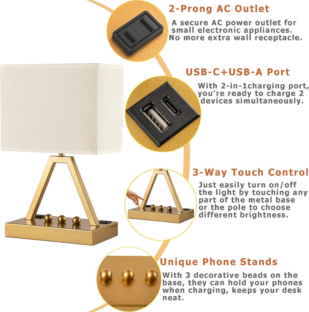 Briever Touch Control Table Lamp, 3-Way Dimmable Desk Lamp with USB C & USB A and AC Outlet, Bedside Lamp with Phone Stand and Fabric Shade…