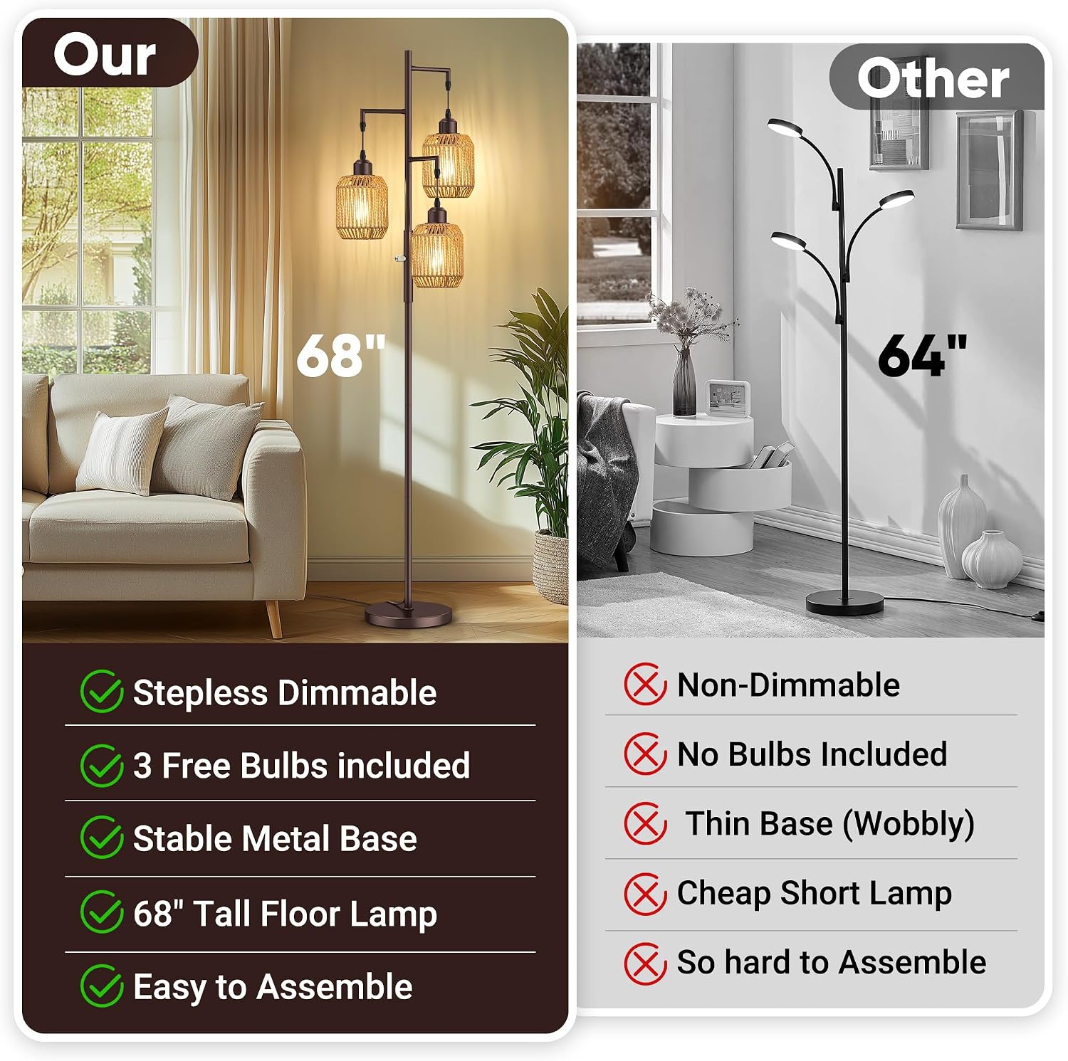 ROTTOGOON Dimmable Boho Floor Lamp - 3 Light Farmhouse Rattan Floor Lamp for Living Room, Industrial Tree Floor Lamps with 3 X 6W LED…