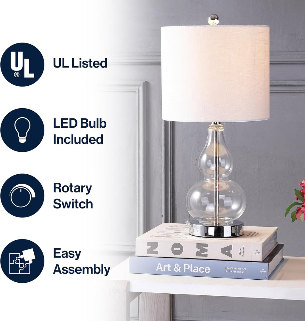 JONATHAN Y 20.5" Clear Glass Table Lamp, Modern Gourd Bedside Nightstand Lamp for Bedroom, Living Room, White Linen Shade, LED Bulb…