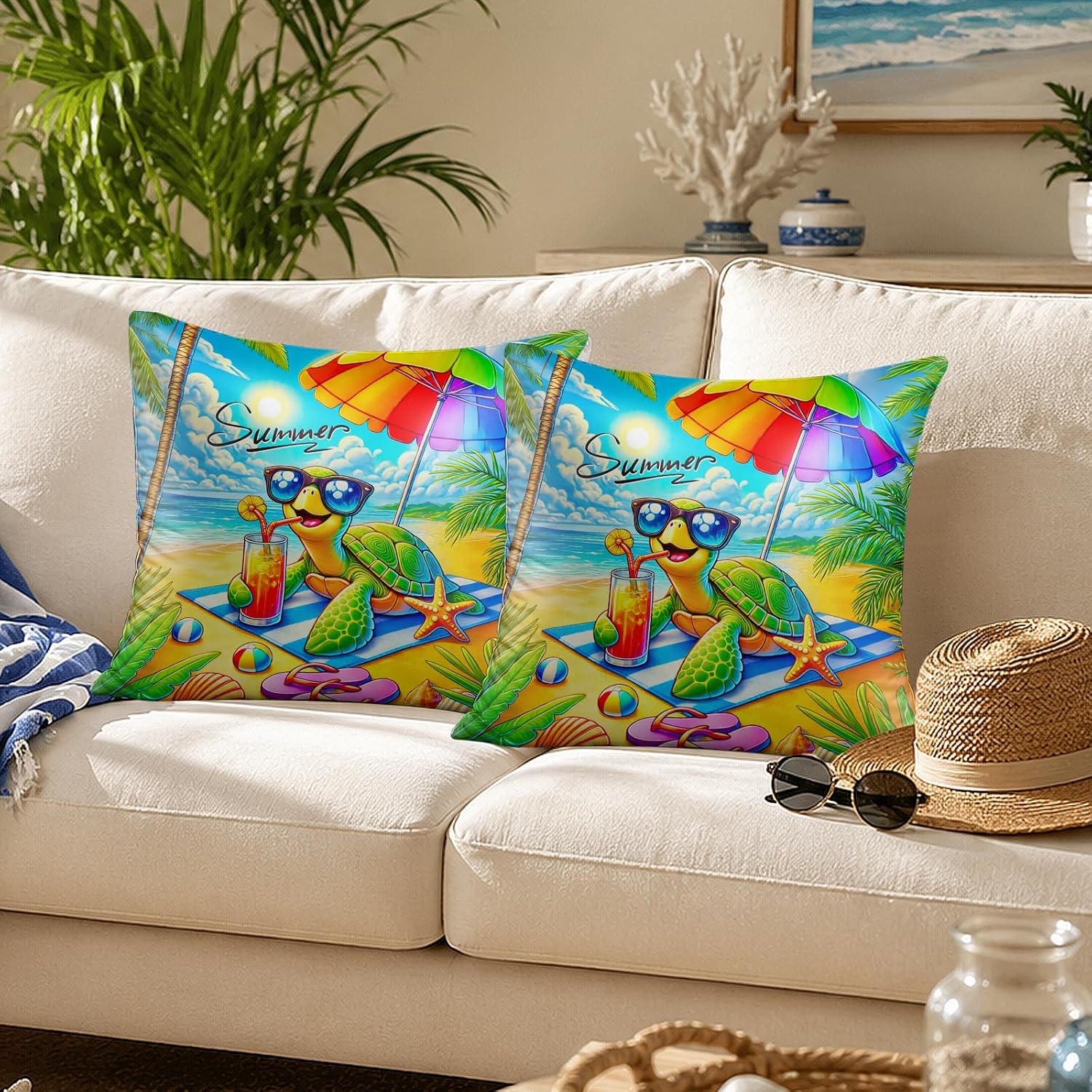 BlissYard Summer Beach Throw Pillow Covers Set of 18x18 Decorative Pillow Covers Cute Sea Turtle Ocean Theme Cushion Covers for Couch…