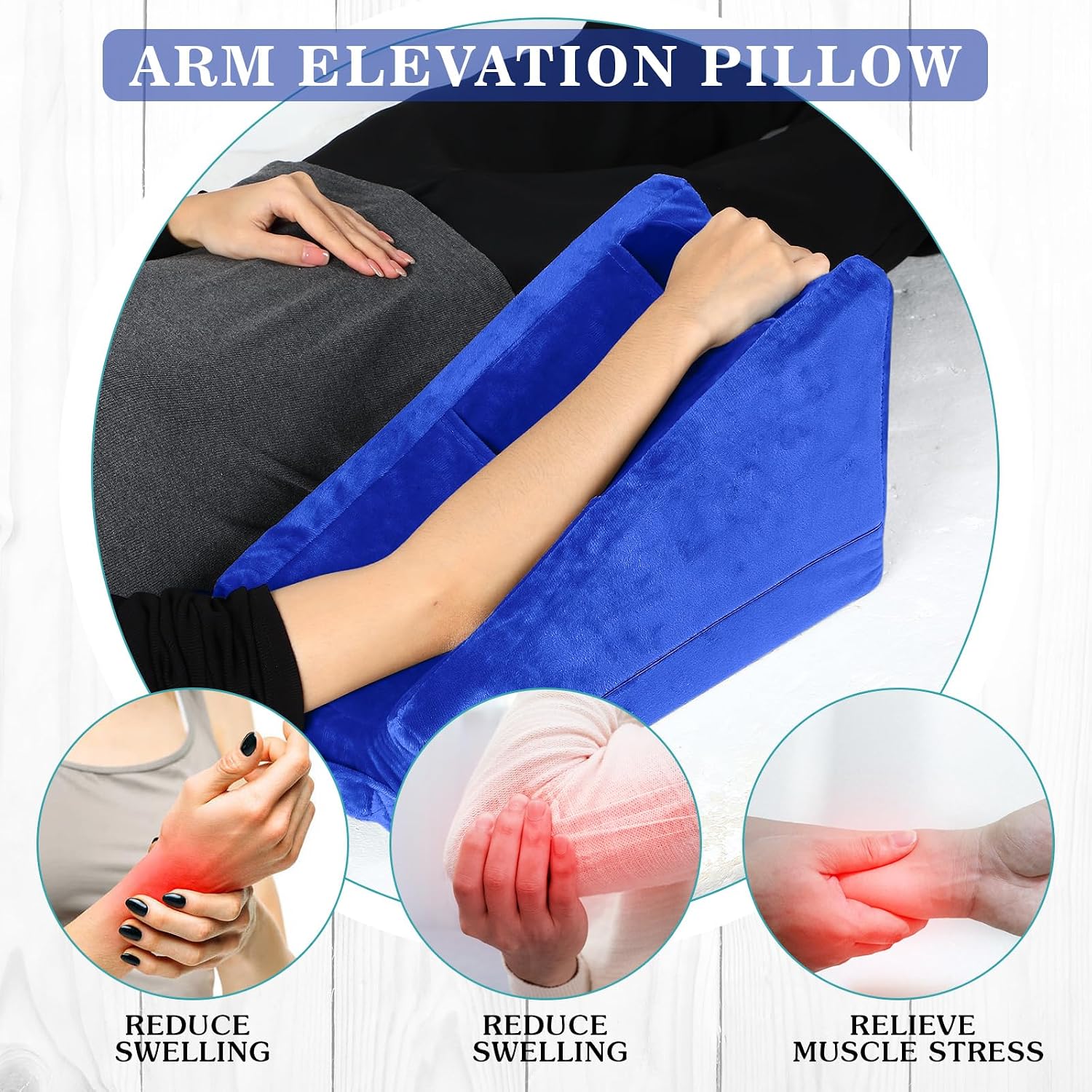 Buryeah Blue Arm Elevation Pillow with 2 Pockets, Soft Ergonomic Support Pillow for Elbow Rest Wedge Broken Arm Elbow Gifts with High Densi…
