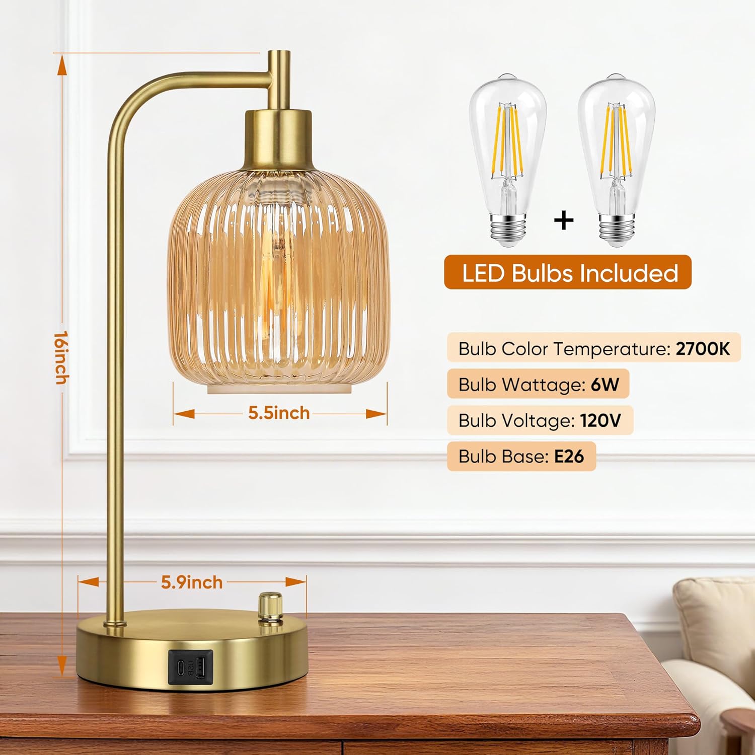 QiMH Industrial Table Lamp for Bedroom Set of 2, Champagne Glass Beside Lamp with USB A&C Ports, Stepless Dimmable Gold Lamps, Nightstand…