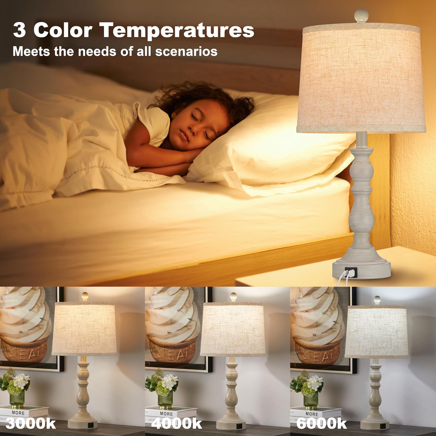 Farmhouse Side Table Lamps for Living Room Set of 2 with USB C+A Ports, Bedside Lamp for Bedroom, Dining Room Decor, Office, End Table…