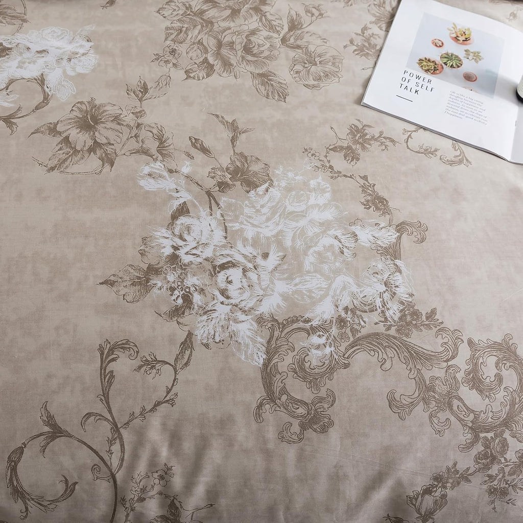 Puralens Dark Beige Moody Floral Duvet Cover, King 100% Cotton Percale Neutral Flower Comforter Cover Set, Shabby Chic Cottage Reversible T…