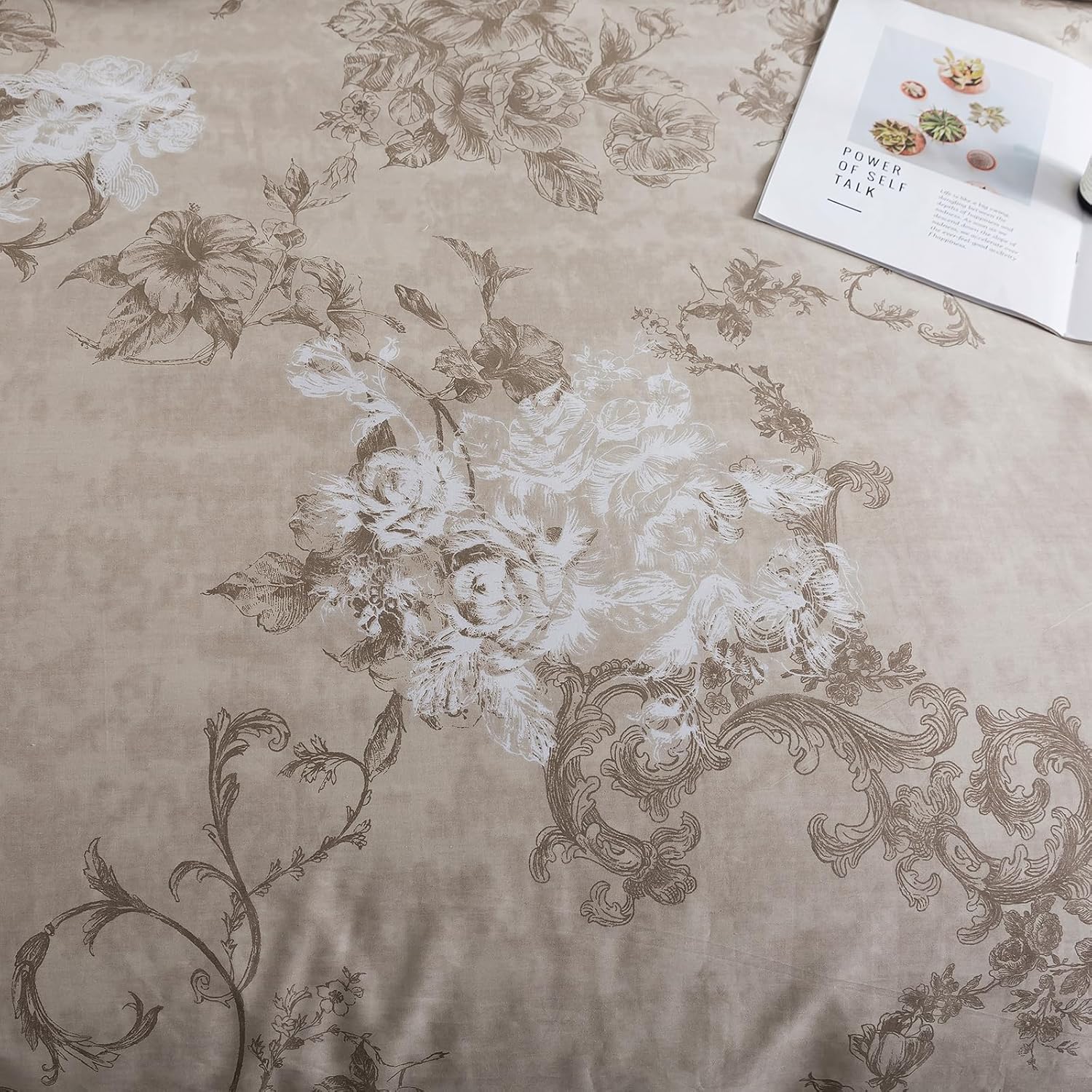 Puralens Dark Beige Moody Floral Duvet Cover, King 100% Cotton Percale Neutral Flower Comforter Cover Set, Shabby Chic Cottage Reversible T…