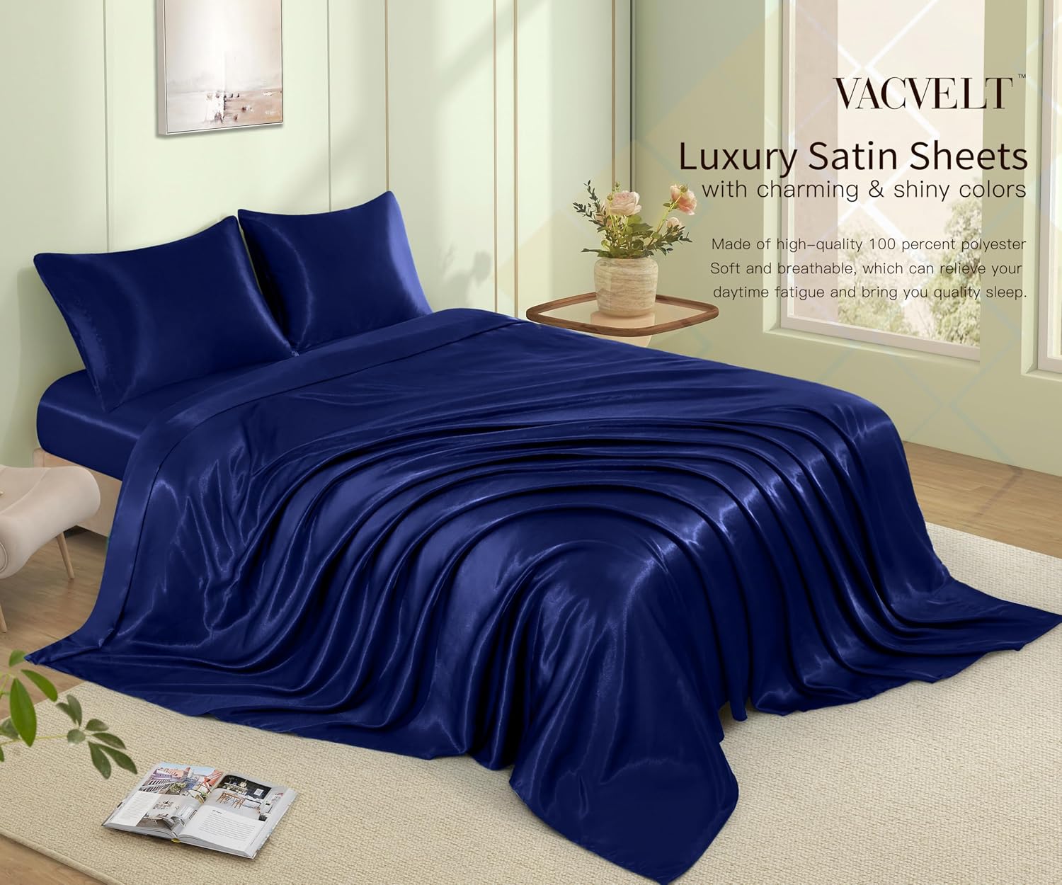 VACVELT 4pcs Navy Blue Satin Sheets King Size Bed Set, 15 Inch Deep Pocket Silky Satin Sheet Set, Soft Satin Bedding Set Cooling & Luxury…