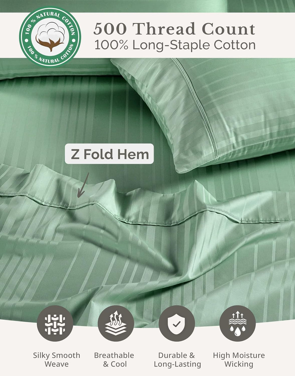 Casa Platino 100% Cotton Sheets King Size Set - 6 Pcs (1 Flat, 1 Fitted, 4 Pillowcases) - Striped 500 TC - Ultra Smooth Sateen Weave Bed…
