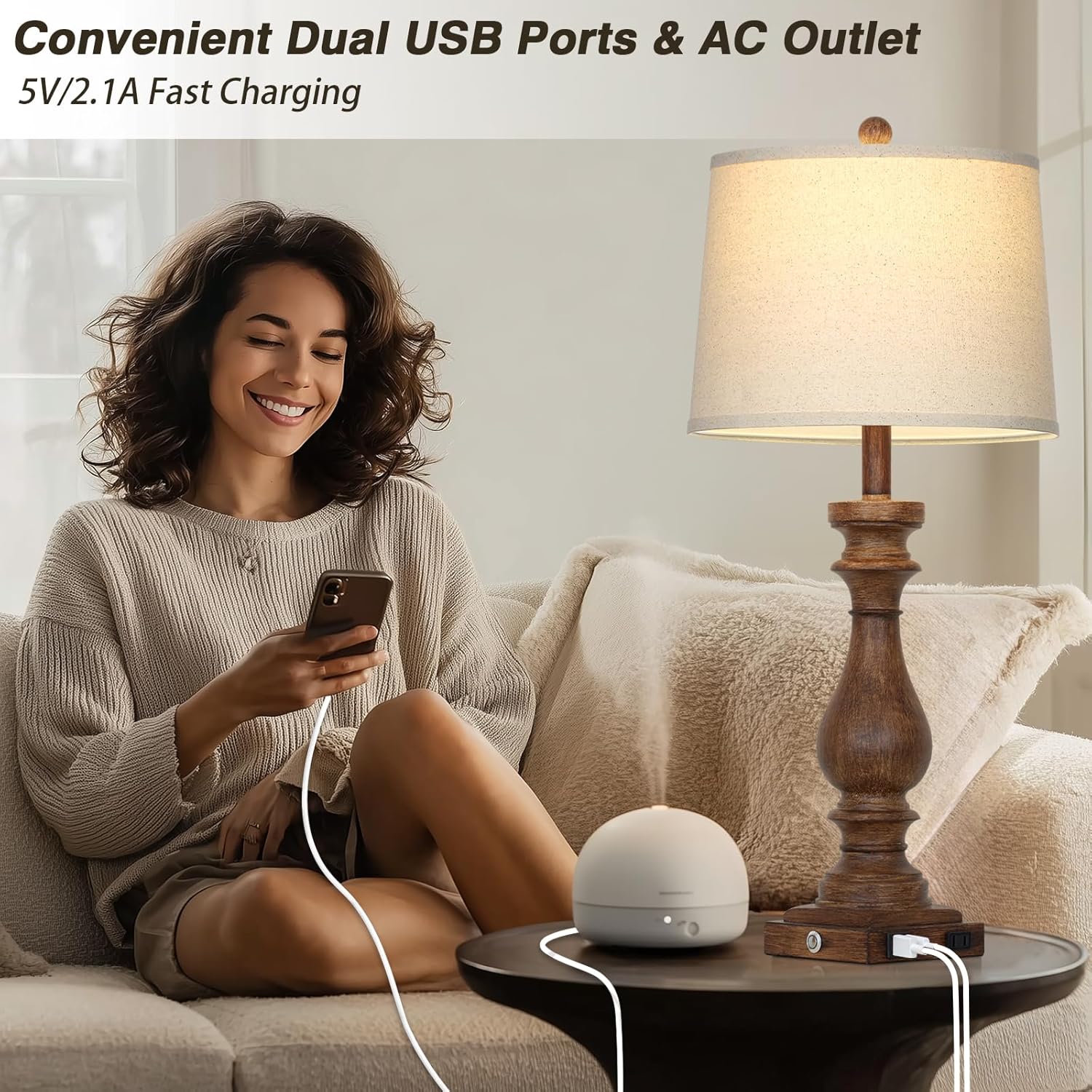 Cinkeda 29" Tall Farmhouse Table Lamp for Living Room Set of 2, Vintage Retro Nightstand Lamps with USB C+A Ports & AC Outlet,3-Way…