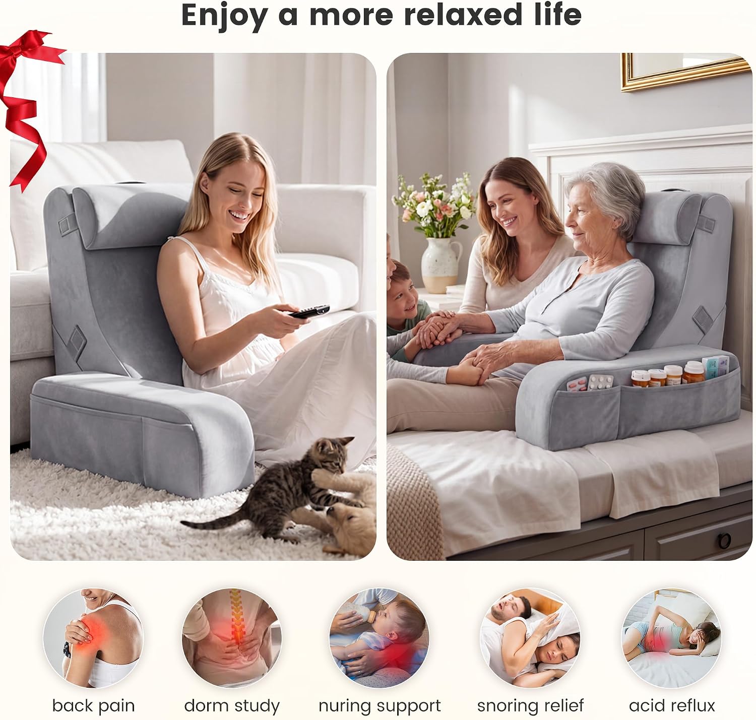 ElevateYourHome, EnhanceEver Homkdom Reading Pillow for Sitting in Bed Adult, 22" Back Pillow for Bed Sitting up with Armrests & Sto…
