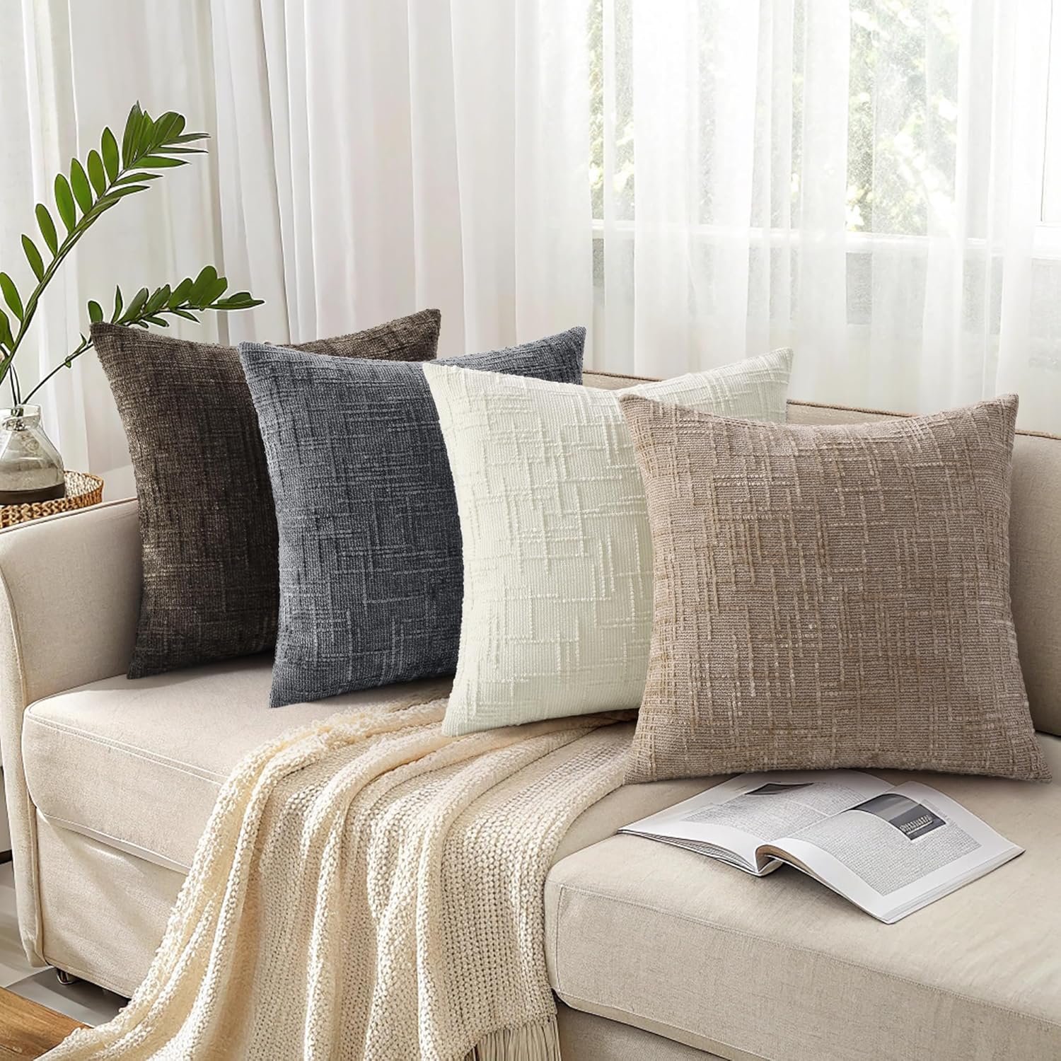 decorUhome Oatmeal Chenille Throw Pillow Covers 20x20 Set of 2 Textured Soft Cozy Slubby Couch Pillow Covers Modern Farmhouse Boho Decorati…