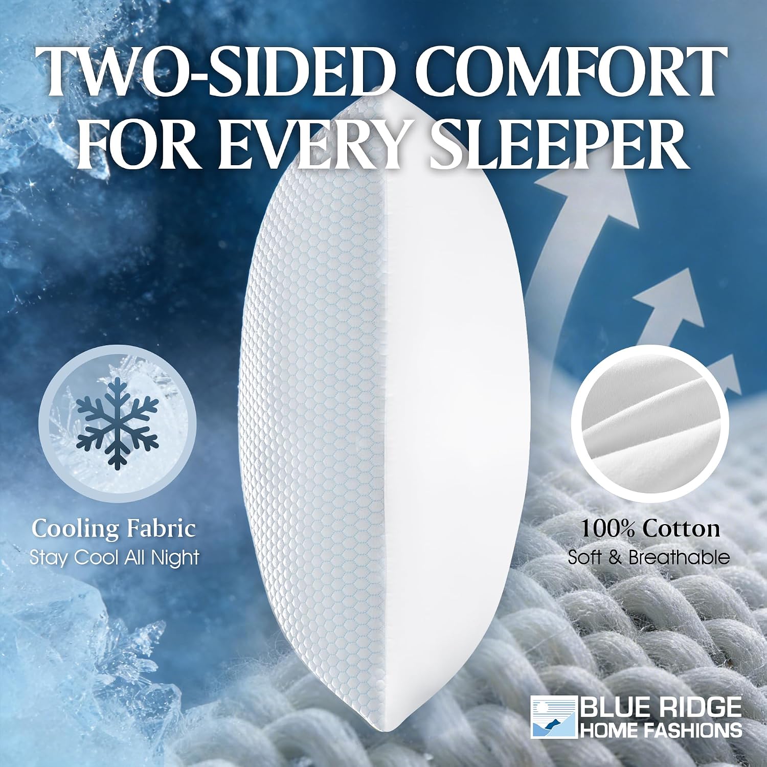 Blue Ridge Home Fashions Cooling Pillows Queen Size Set of 2, Dual-Sided Cooling & Breathable Cotton Design, Down Alternative Pillows for…