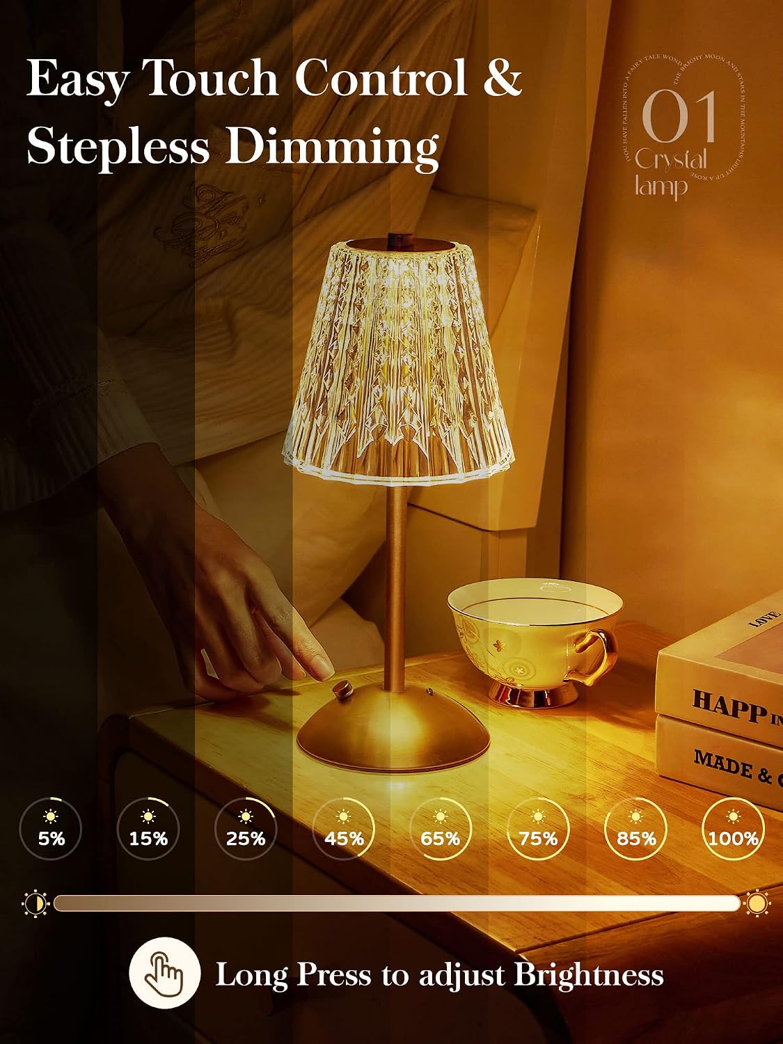 3200mAh】Brass Table Lamp, 3 Colors+Dimmable+Touch Crystal Lamp LED Gold Lamp, Mood Lighting Mood Light, Brass Decor for…