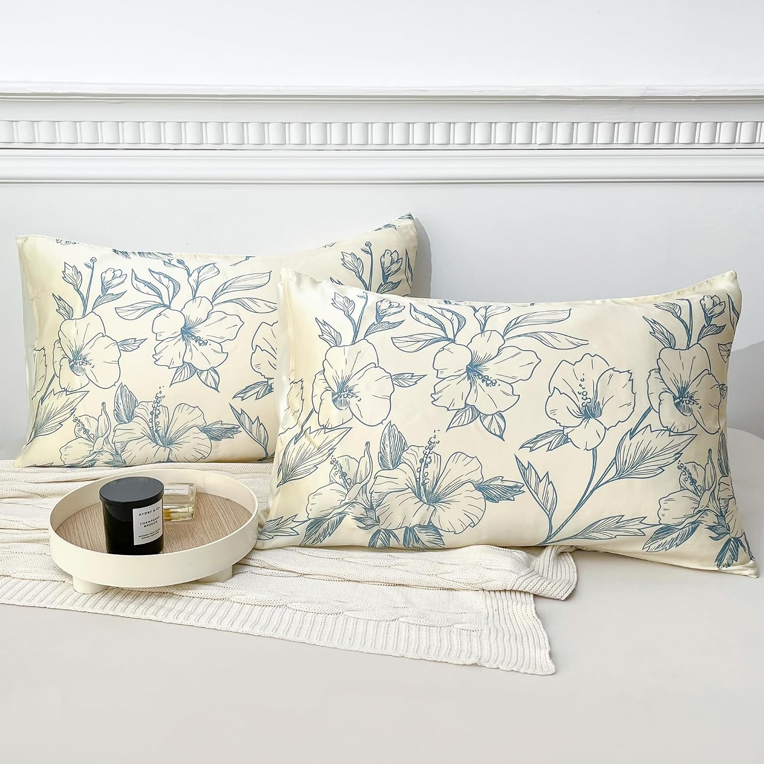 MANSPHIL King Size Silk Pillow Cases - Blue Floral Printed 22 Momme Mulberry Silk Top with Satin Underside Pillowcase for Hair and Skin…